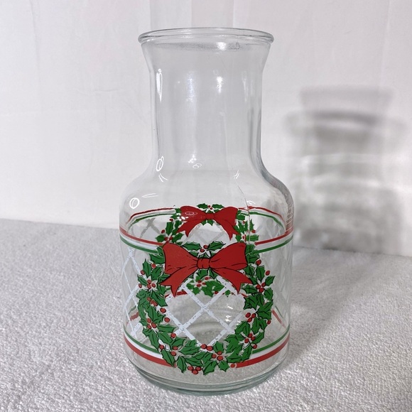 Vintage Festive Christmas Carafe Glass Juice Jar Pitcher - Picture 1 of 11